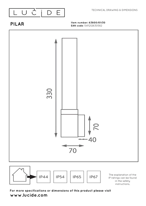 Lucide PILAR - Wall light Indoor/Outdoor - 1xE27 - IP54 - Black | Essential - technical